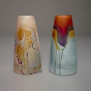 Pair Reuven Rueven ? Isra Art Nouveau Bud Vases Frosted Painted Stained 4"